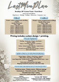 A printed event decoration and catering package pricing flyer from LastinPlan, showing filled and unfilled bundle options, treatment options like chip bags and popcorn, add-ons such as custom toppers and laser engraving, and event backdrop services. The flyer has a beige background with a faint floral pattern and blue and brown text blocks.