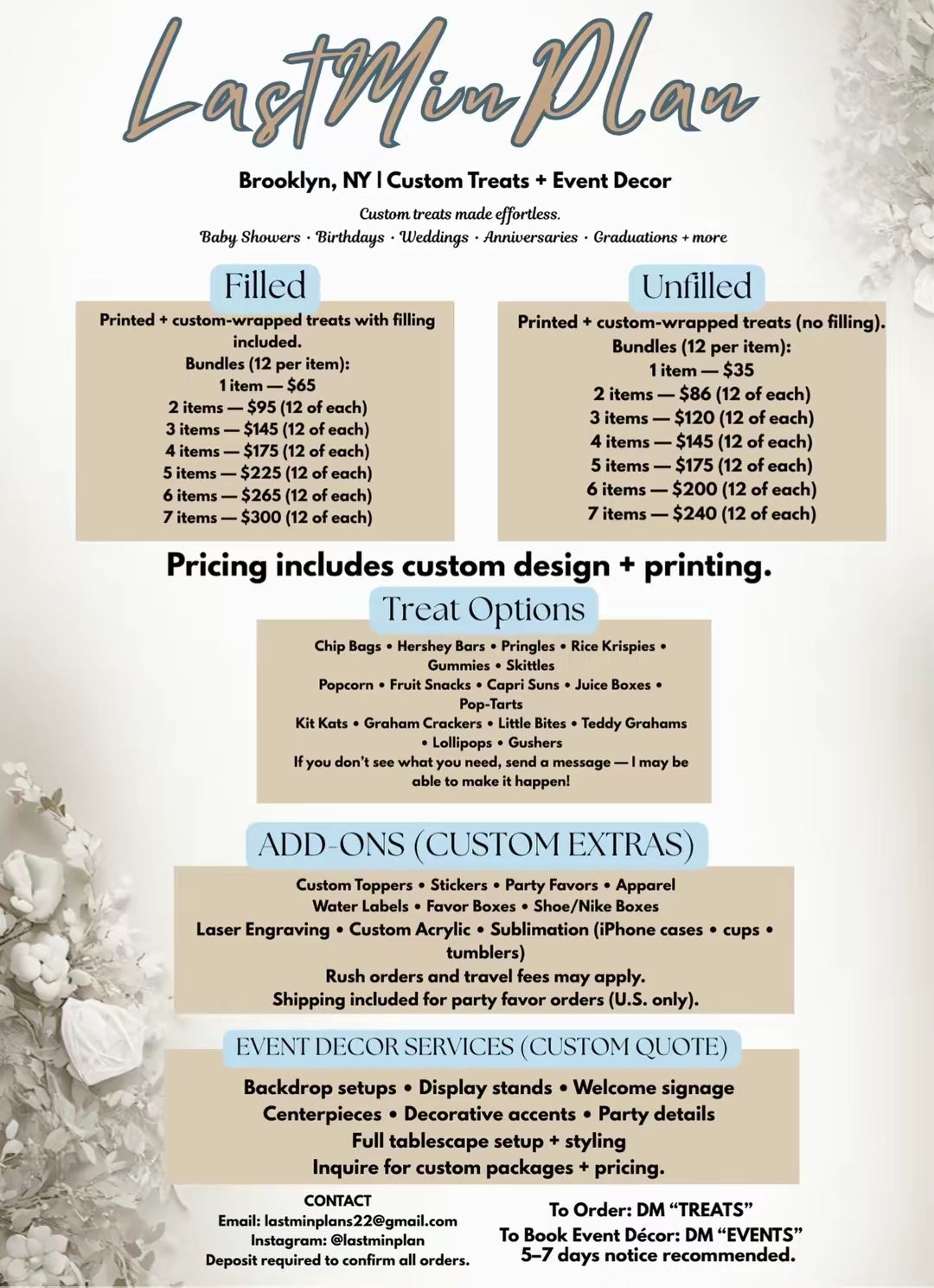 A printed event decoration and catering package pricing flyer from LastinPlan, showing filled and unfilled bundle options, treatment options like chip bags and popcorn, add-ons such as custom toppers and laser engraving, and event backdrop services. The flyer has a beige background with a faint floral pattern and blue and brown text blocks.